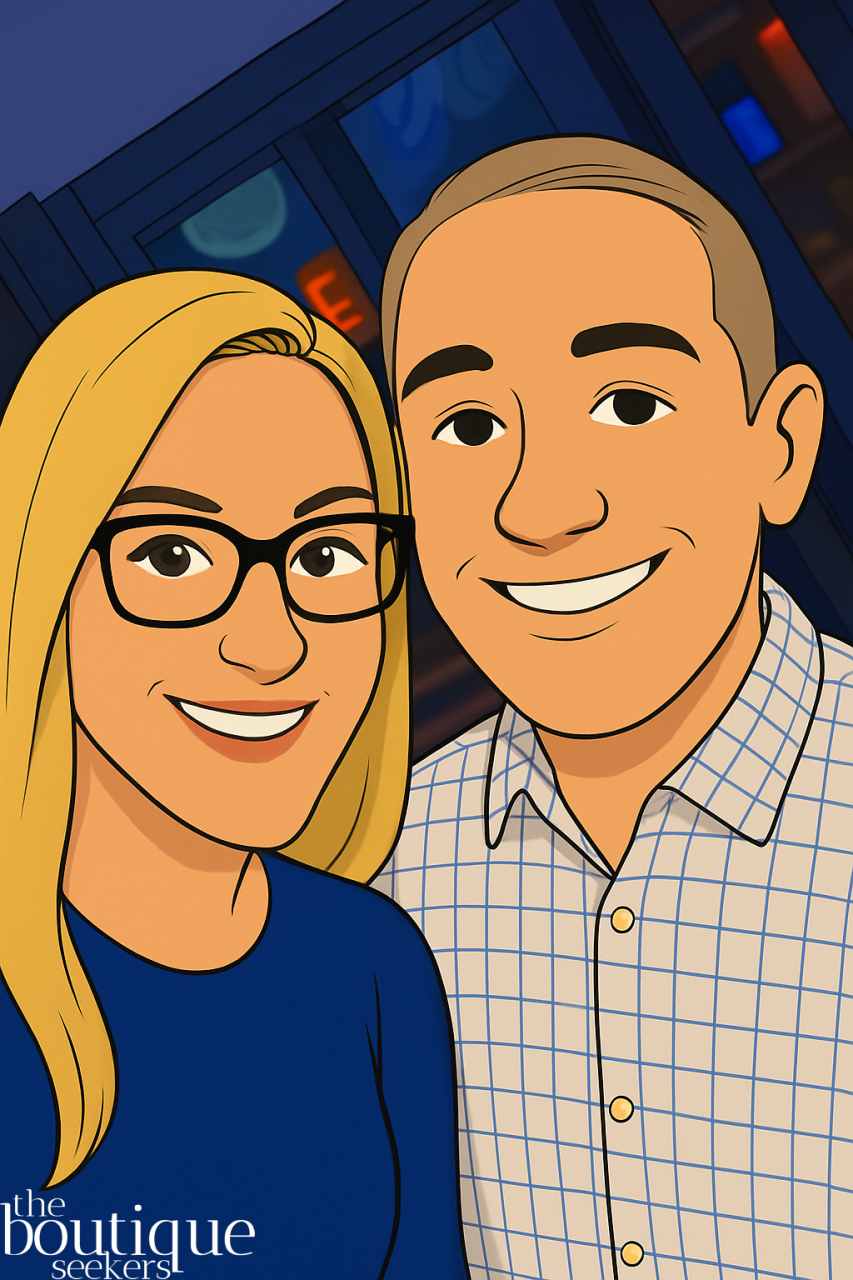Cartoon image of Debs & David smiling
